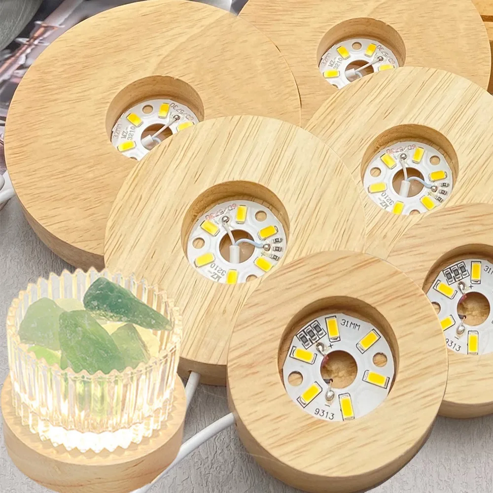 5/6/7/8CM LED Luminous Wooden Base Round USB Lamp Light Display Holder for Crystal Ball Resin Art Ornament Stand Decor Kid Gifts