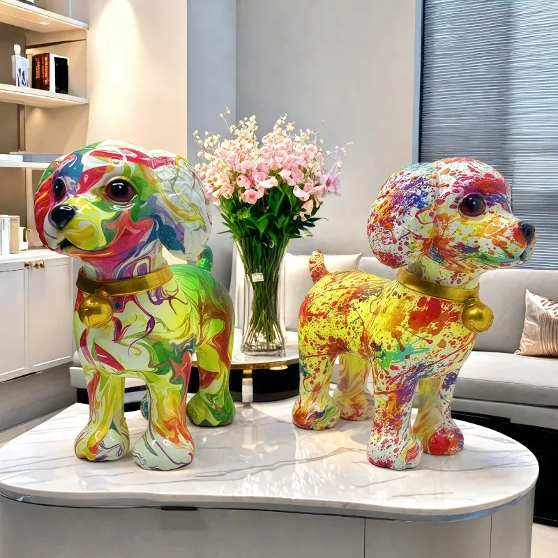 Chinese Style Colorful Graffiti Dog Statue With Gold Bell Lucky Resin Figurine Home Decor For Living Room Entryway Desktop Gift
