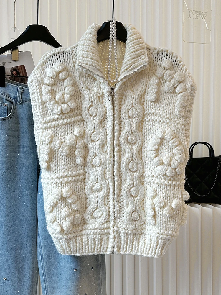

Handmade Chunky Knit Vest With Bobble Detail Zip Up Boho Chic Cardigan Sleeveless Sweater Top