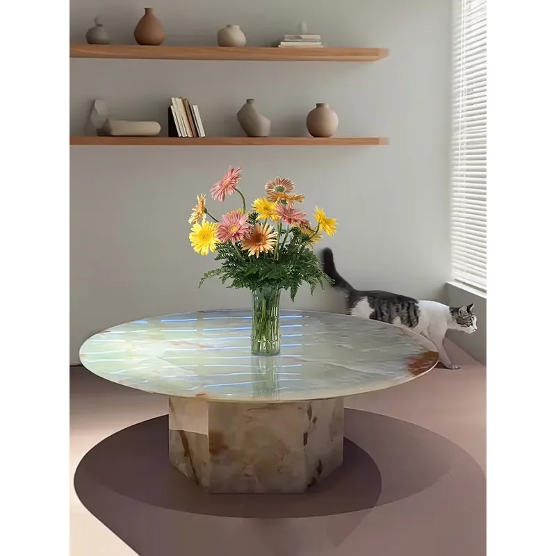#Modern Coffee Table with Light Green Onyx Stone Center Side Table for Living Room Panel Wood Home Furniture