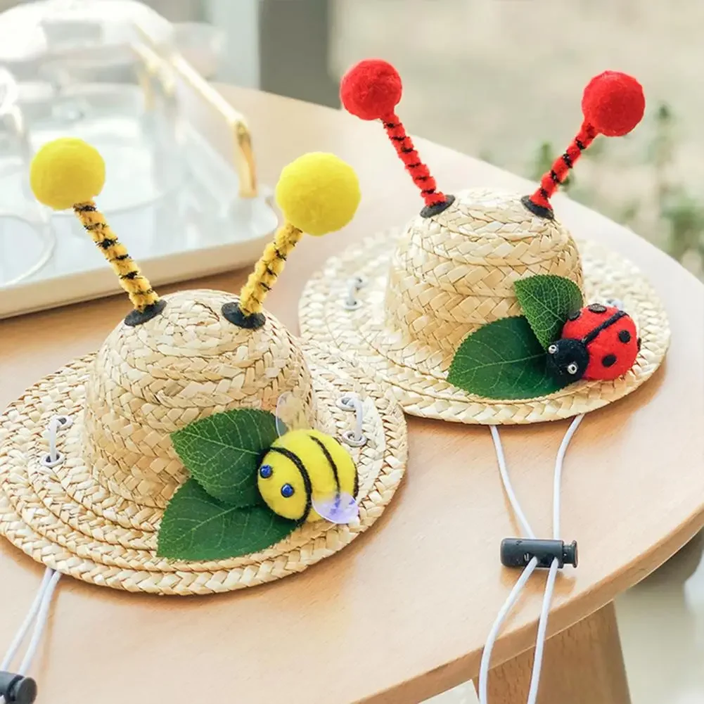 Pet Hat Comfortable Useful Ladybug Bees Decoration Hat 2 Sizes Dog Straw Hat Knitted Dogs Straw Hat for Outdoor Dogs Accessoires