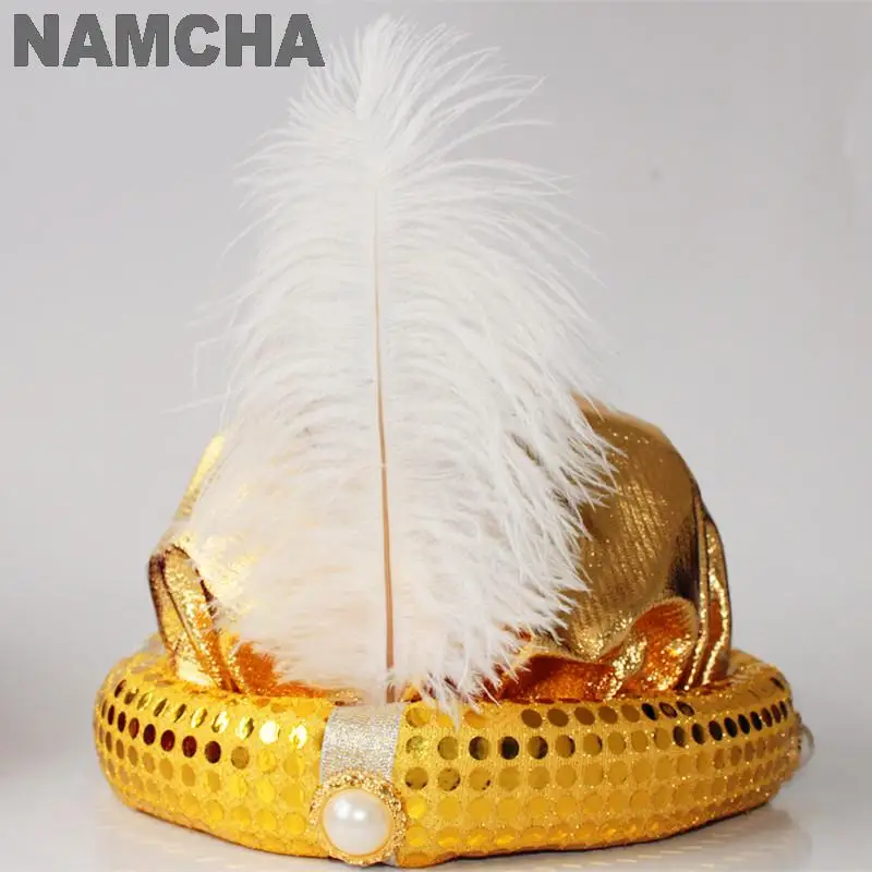 Men's Aladdin Arabian Hat Gold Pleated Funny Feather Cap Turban Adult Kids Masquerade Cosplay Stage Performance Headwear Props