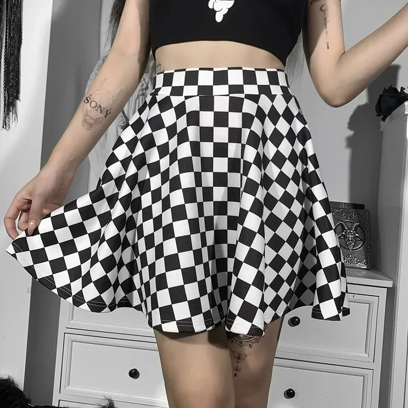 

Gothic Skirt Women Harajuku Punk Y2k E-girl Emo Alt Retro Plaid Patchwork High Waist Skirt Mall Goth Aesthteic Clubwear