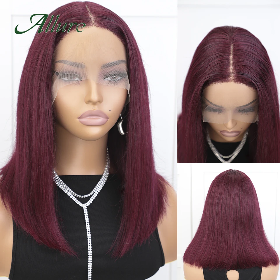 

Brazilian Human Hair Lace Wigs For Black Women 99J Short Straight Hair Burgundy T Part Bob Wigs With Pre-plucked Babyhair Allure