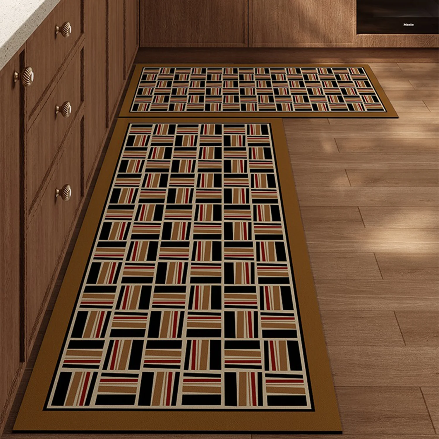 

Kitchen Floor Mats Retro Checkerboard Plaid Carpets Non-slip Oil-proof Waterproof Impermeable Rugs PVC Leather Washable Foot Mat