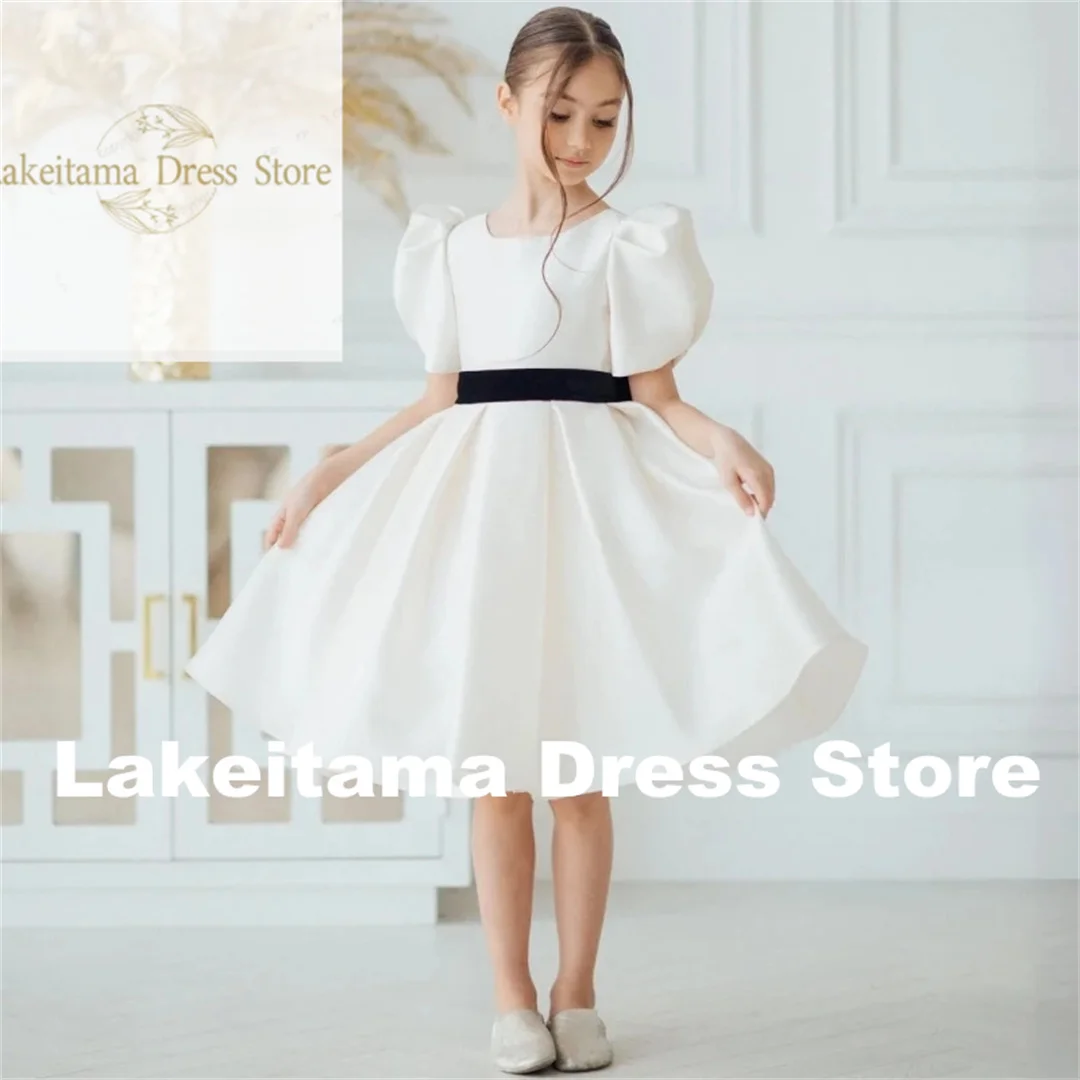 

Customization Flower Girl Dresses Satin With Black Bow Ribbon Short Sleeve For Wedding Birthday Party Banquet Princess Gowns