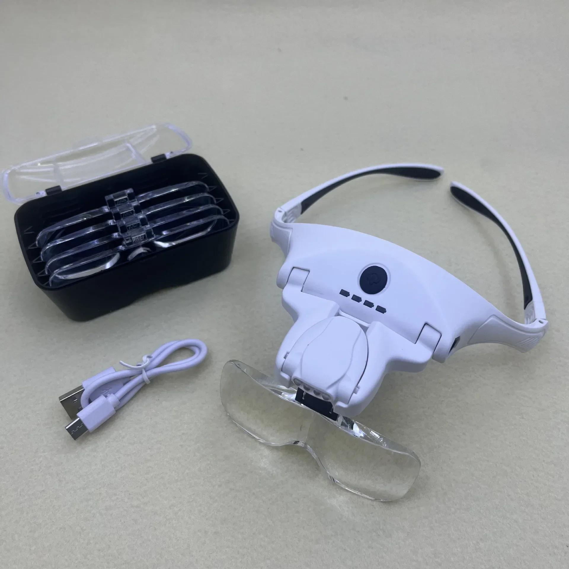 USB Rechargeable Head mounted Eyeglasses Magnifier with 1 LED Light 5 Magnification Levels for Reading and Repair