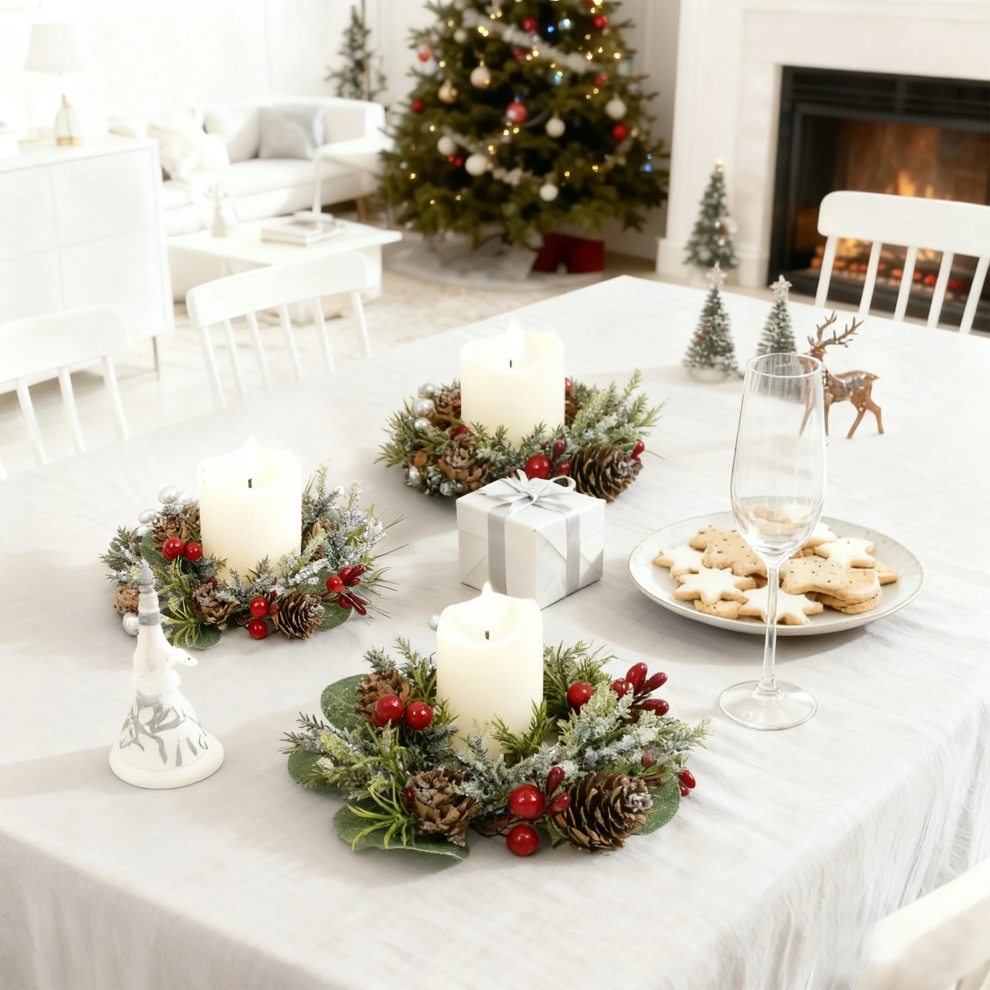

Набор праздничных светодиодных свечей-центровок: 6 рождественских венков со стеклянными подставками для декора стола, каминной полки и подоконника