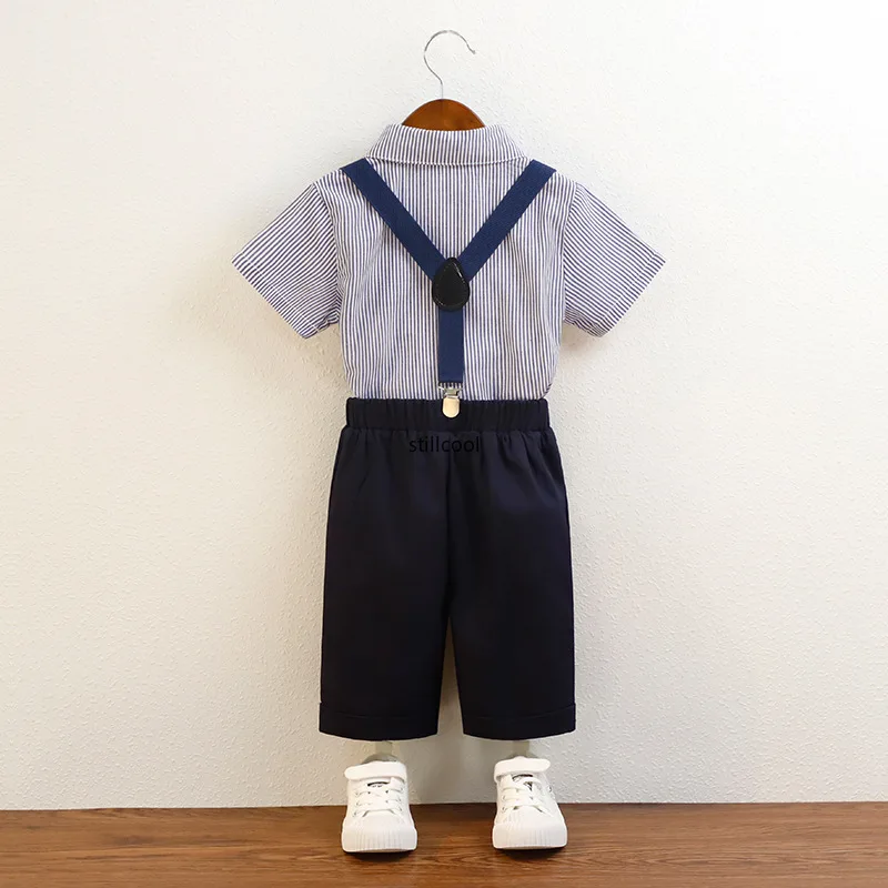 Boys Suit Spring Summer 2026 New Korean Striped Suspender Trousers 2-piece Children Chorus Performance School Uniform Blazer Set