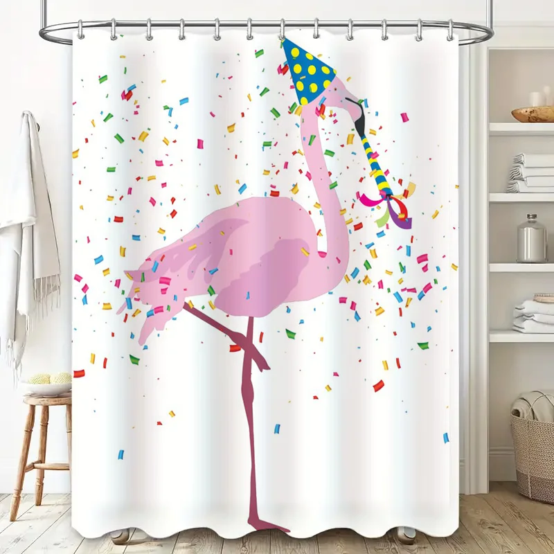 Delightful Flamingo Party Shower Curtain for Bathroom Decor Vibrant Colors and Festive Confetti Design