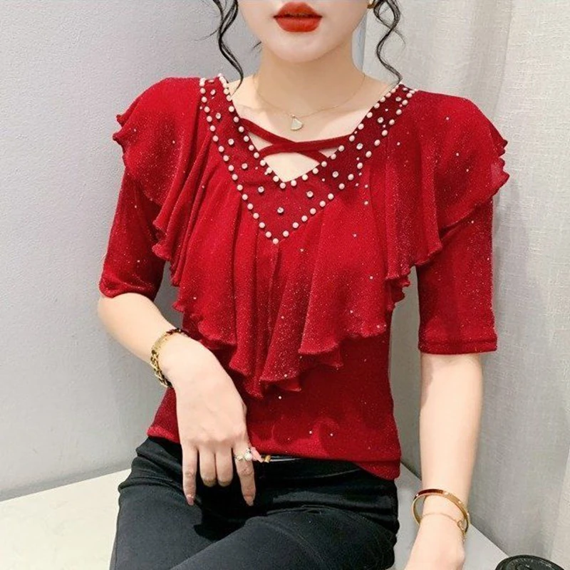 Korean Ruffles Diamonds Red T-Shirt Women Chic Sexy V Neck Hollow Out Y2k Clothes Ladies Tops Short Sleeve Dance Black Tshirt