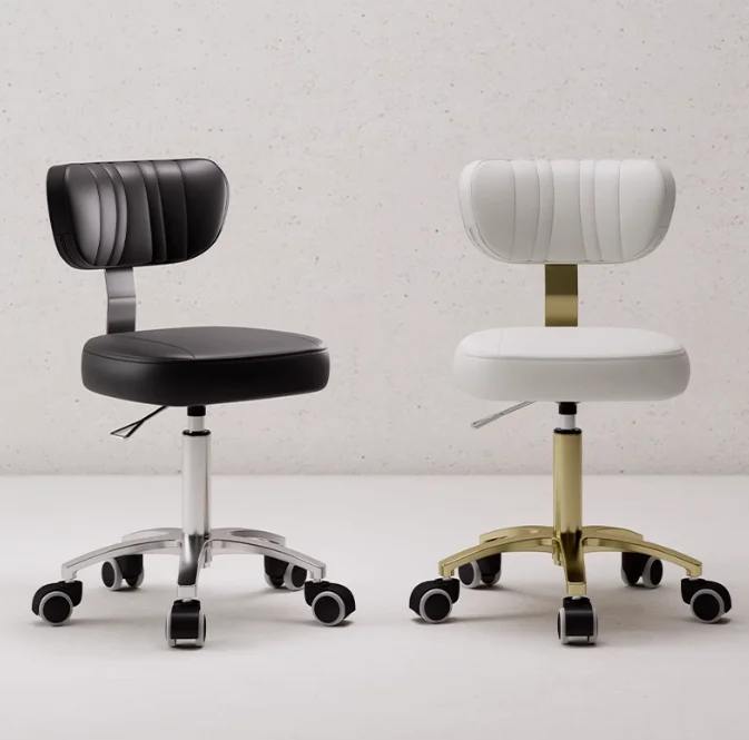 Professional beauty stool with castors and backrest; modern nail, hairdressing and make-up chair; adjustable salon furniture
