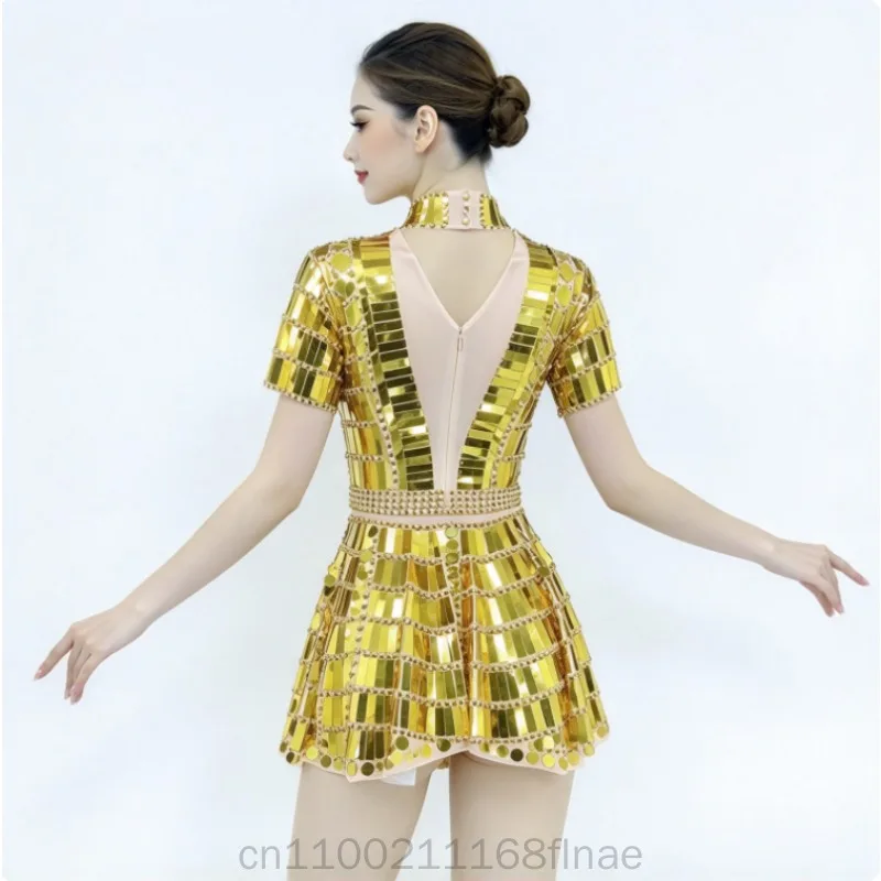 New Modern Dance Outfit with Gold Mirror Sequin Skirt and Jumpsuit, Nightclub DJ Electronic Syllable Stage Performance Outfit