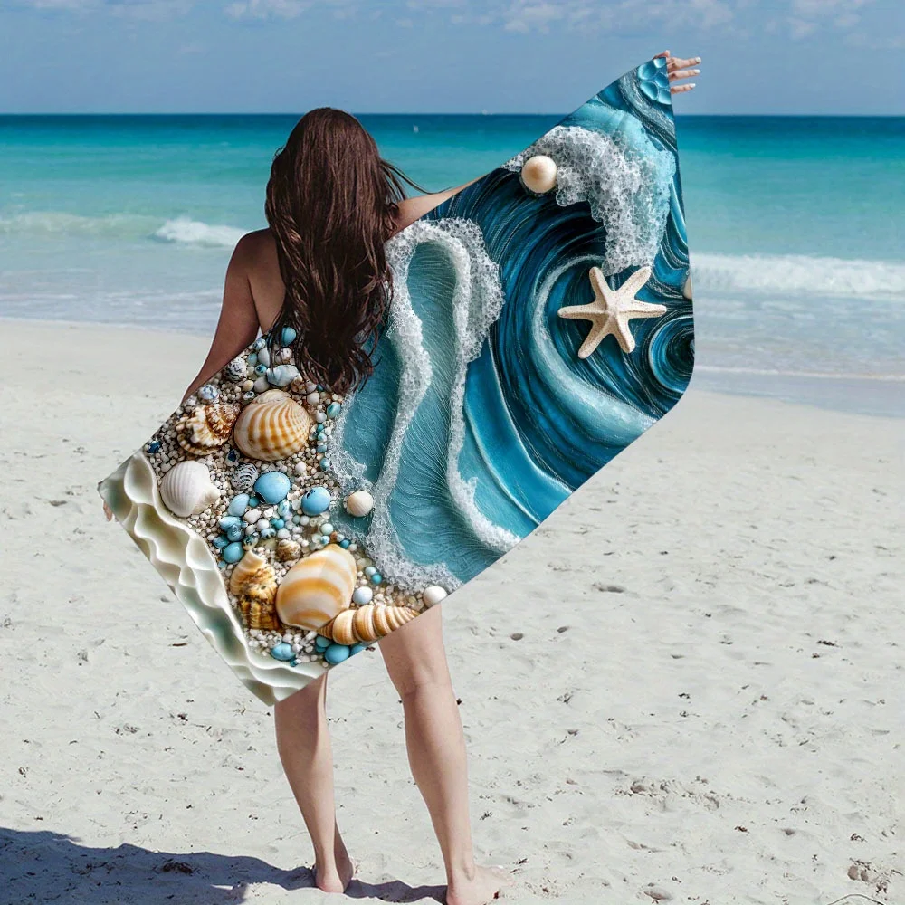Ocean Waves Beach Towel - 3D Starfish & Seashell Print, Soft Microfiber Quick Dry Sand-Free for Travel Pool Summer