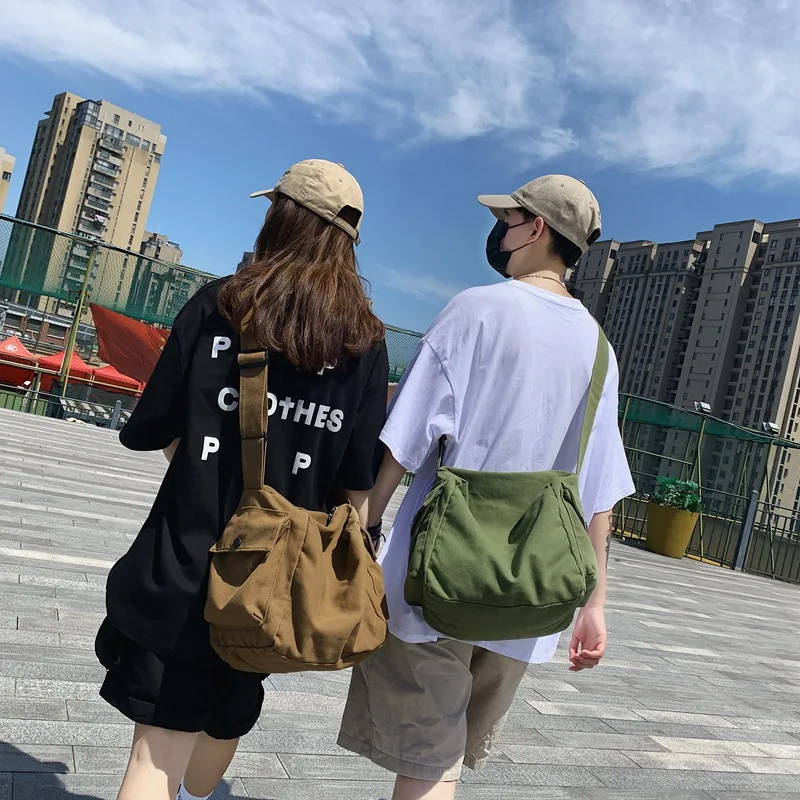 

Canvas Bag Japanese Korean Fashion Artistic Style Male Student Solid Color Shoulder Bag Harajuku Crossbody Cloth Messenger Bag