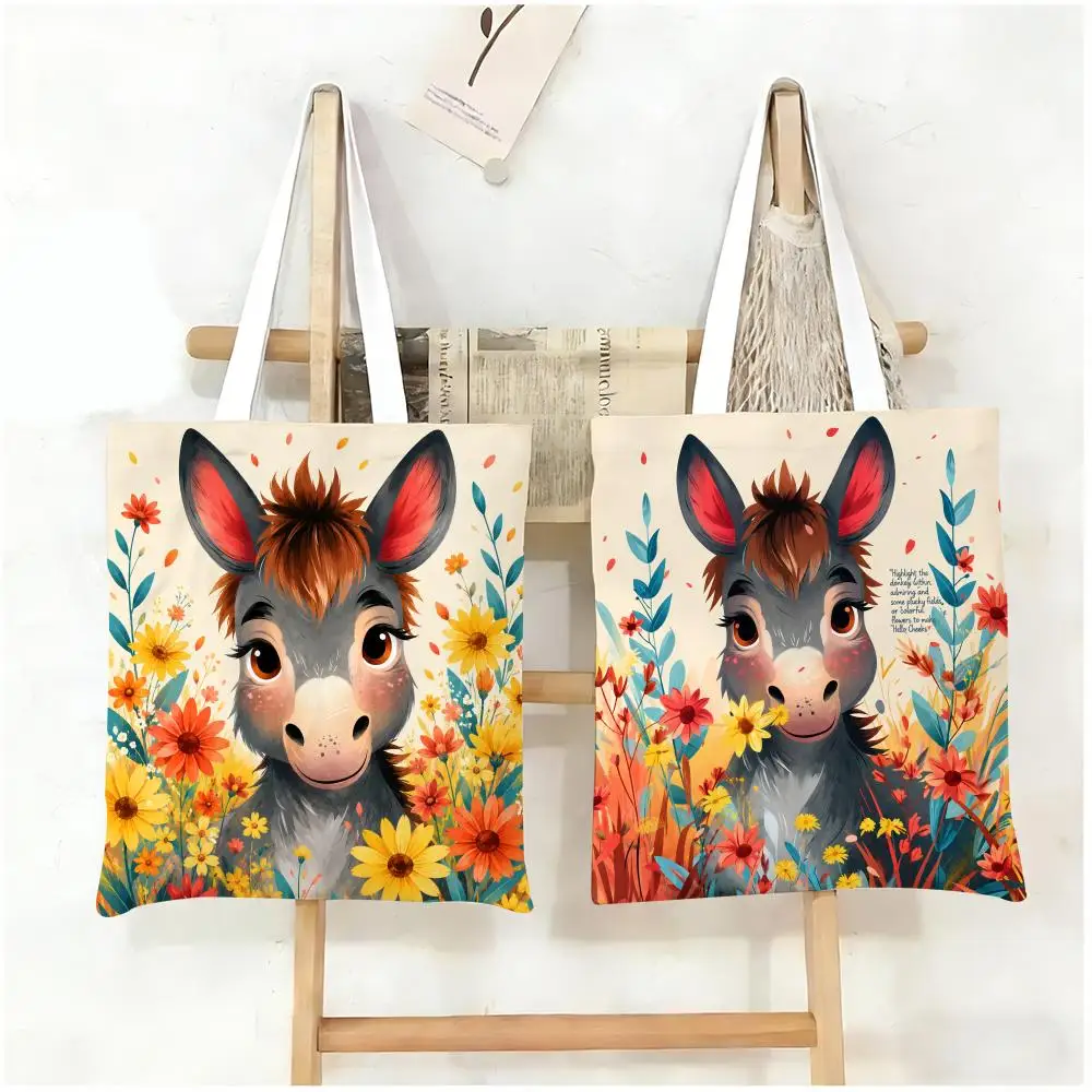 Donkey Print Storage Bags Canvas Tote Bag Women Large Capacity Reusable Shopping Shoulder Bag Daily Handbag