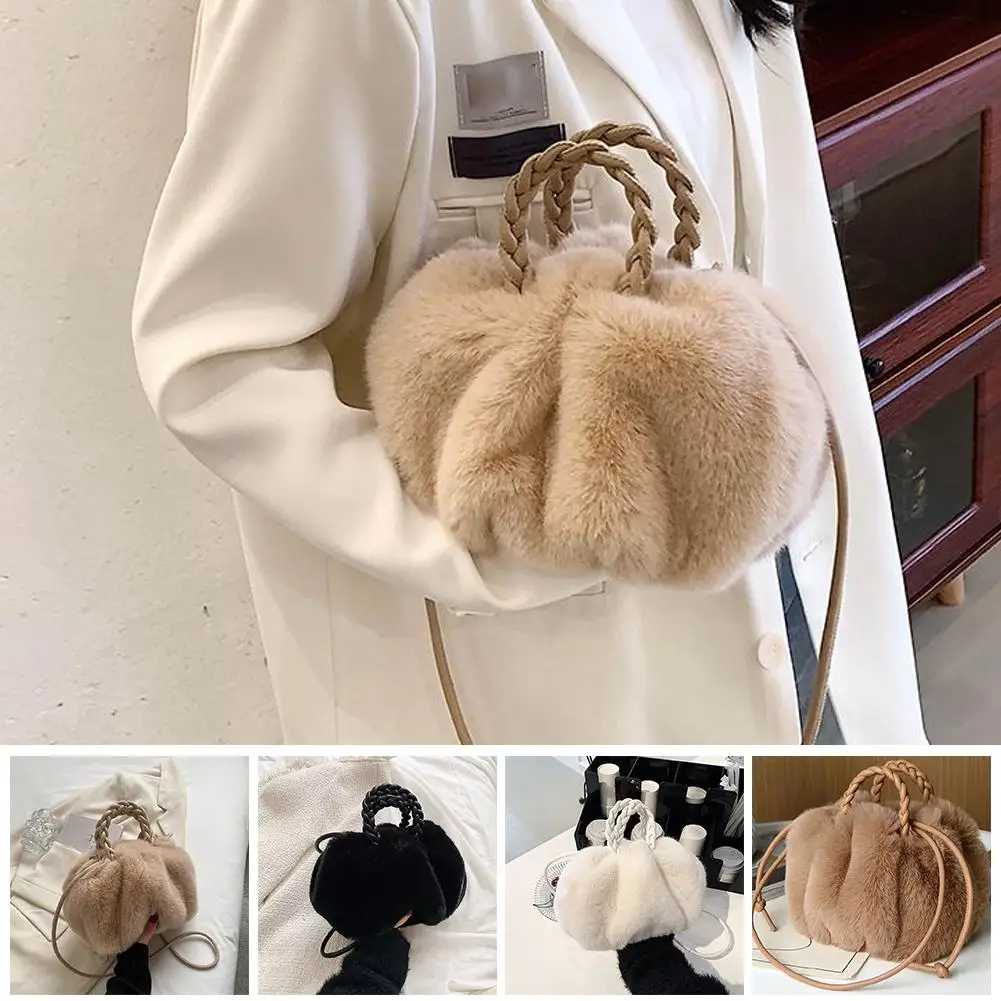 2024 New Imitation Fur Bag Plush Bag Cute Pumpkin Hand-held Diagonal Cross Autumn And Winter Cloud Single Shoulder Bag