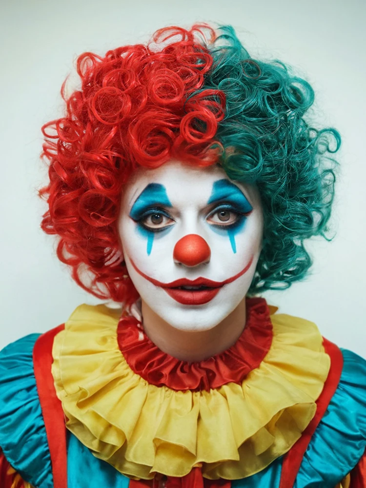 باروكات الهالوماس المهرج، شعر صناعي قصير منفوش ومجعد أحمر وأخضر للنساء للحفلات التنكرية #5