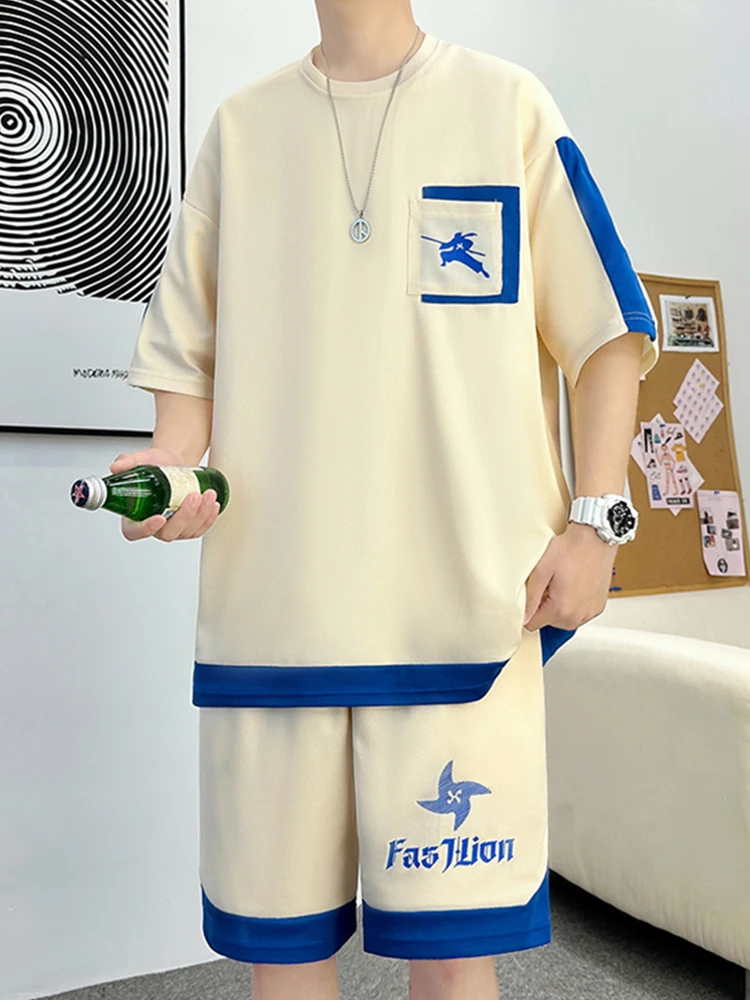 

Летний комплект из футболки и шорт из ледяного шелка с принтом, мужской модный повседневный спортивный костюм, новинка 2024, смесь полиэстера