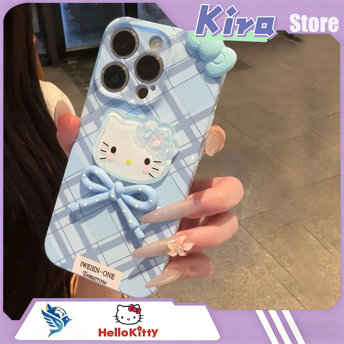 

HELLO KITTY Sweet And Stylish Girl Blue Check Pattern Bowknot Case For Iphone 17 16 14 15 Pro Max Silicone Cover Kawaii Gift