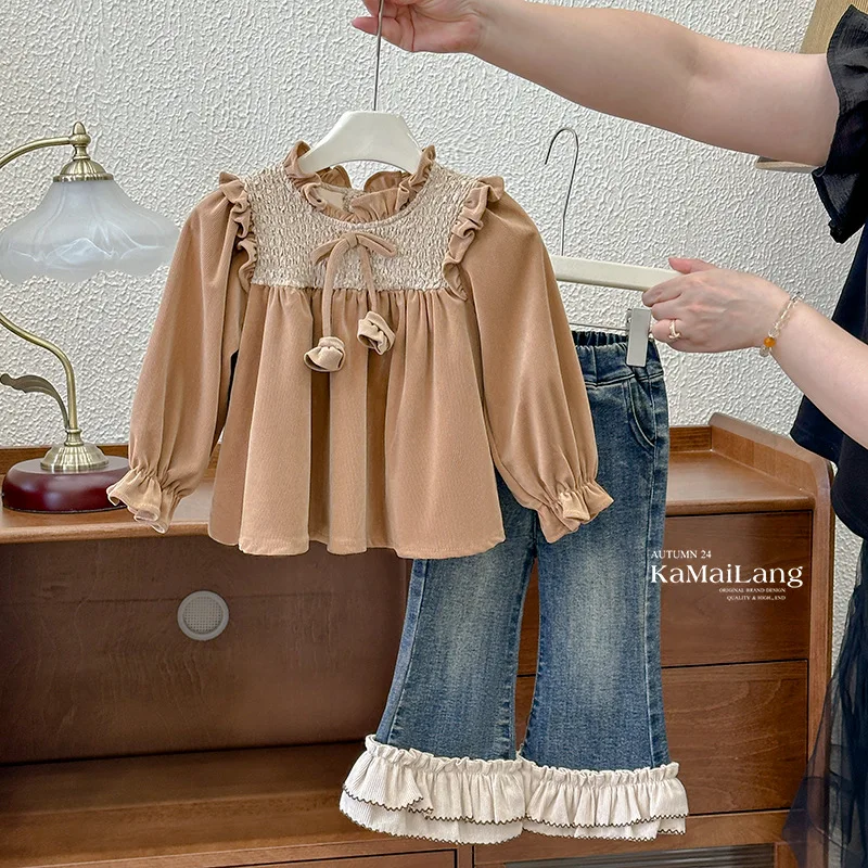 여아용 블라우스, 슈퍼 요정 아기 꽃 인형 셔츠, 달콤한 캐주얼 심플 및 올매치, 2024 가을 신상 아동복