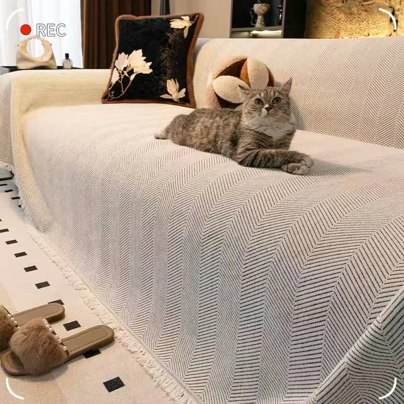Classic Simplized Herribone Jacquard Chenille Sofa Towel with Tassels for Living Room Furniture Protector Machine Washable Cover