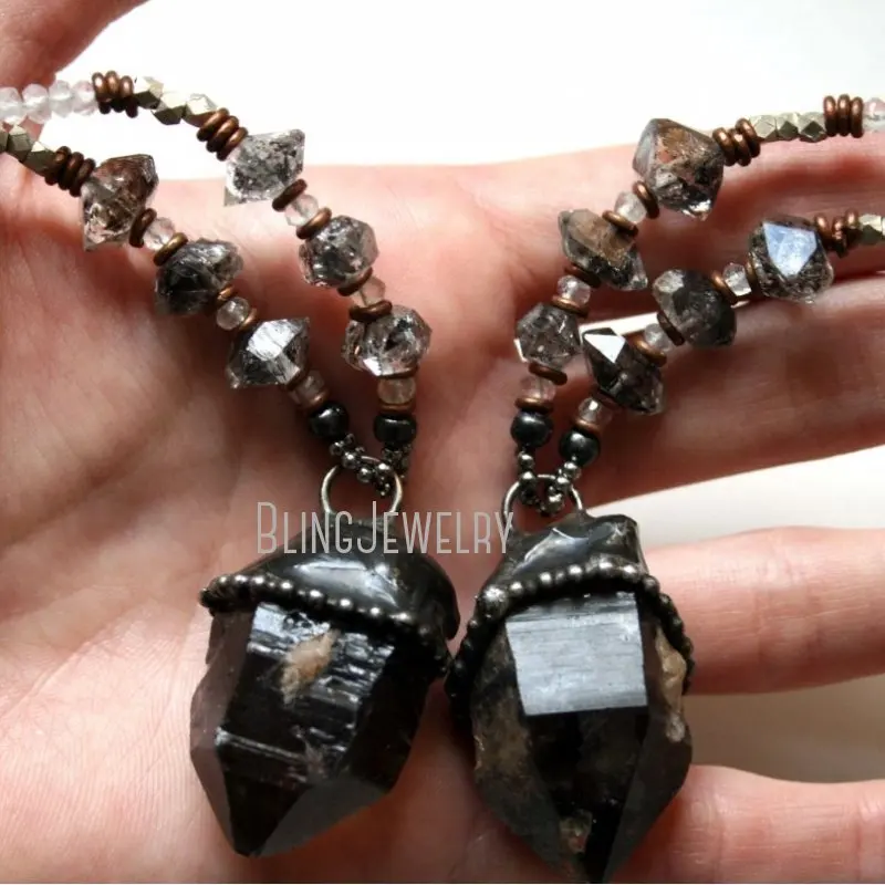 NM43161 Witch Boho Goth Jewelry Smoky Quartz Herkimer Crystal  Point Beaded Statement Necklace Halloween