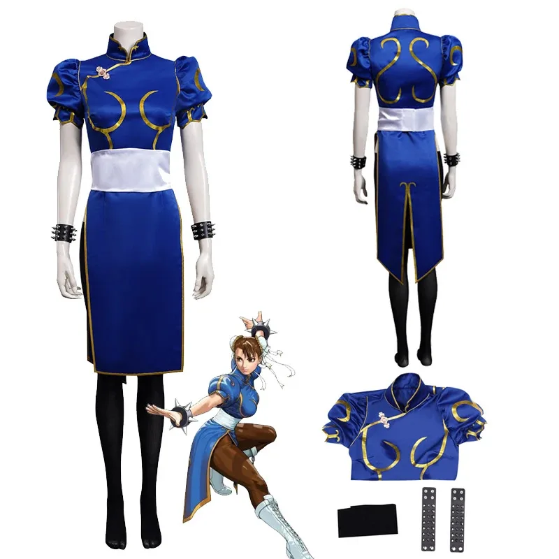

Game SF Chun Li Cosplay Anime Costume Dress Outfit Women Blue Skirts Stockings Set Female Ladies Halloween Party Role Play Suit