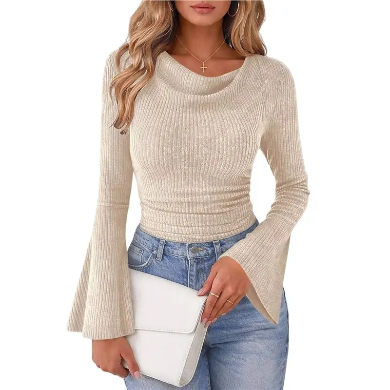 Women's Long Sleeve Cowl Neck Ribbed Knit Spring Shirts Slim Fit Ruched Crop Tops Basic T-Shirts Apricot Color XXL Eco-Friendly