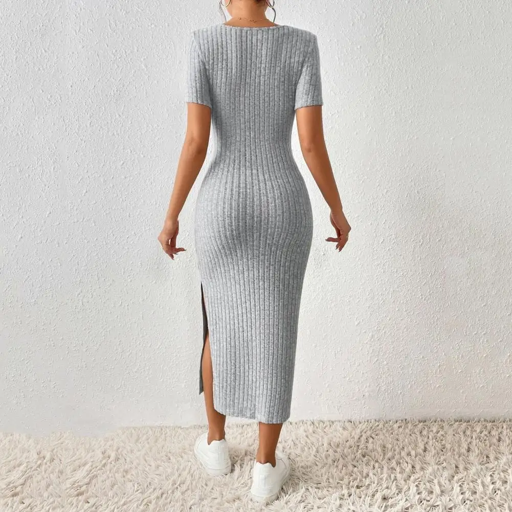 

Women Dress Elegant Square Neck Midi Dress for Women Knitted Elastic Skinny Solid Color Summer Dress with Split Hem for Lady