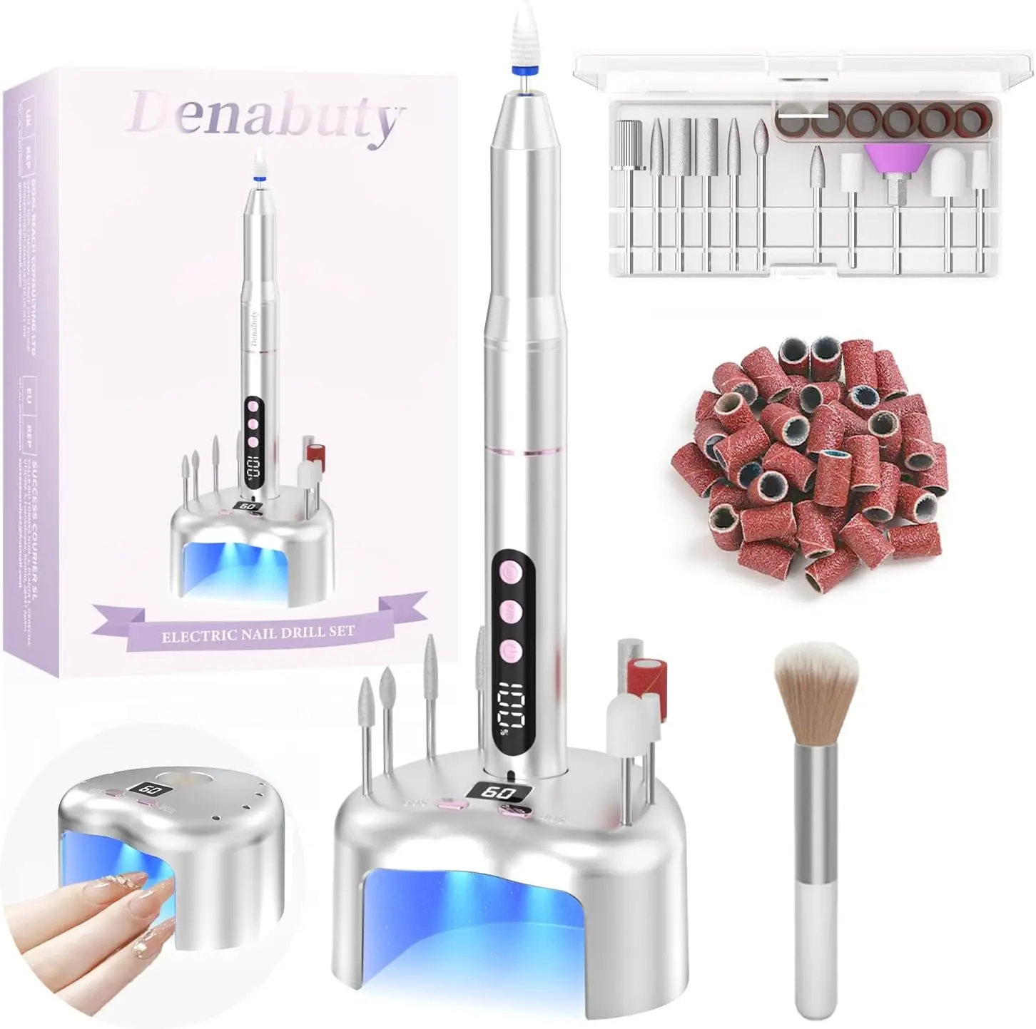 

Cordless Electric Nail Drill 35000RPM with UV LED Lamp, Manicure Pedicure Kit E File for Acrylic Gel Dip Powder Silver
