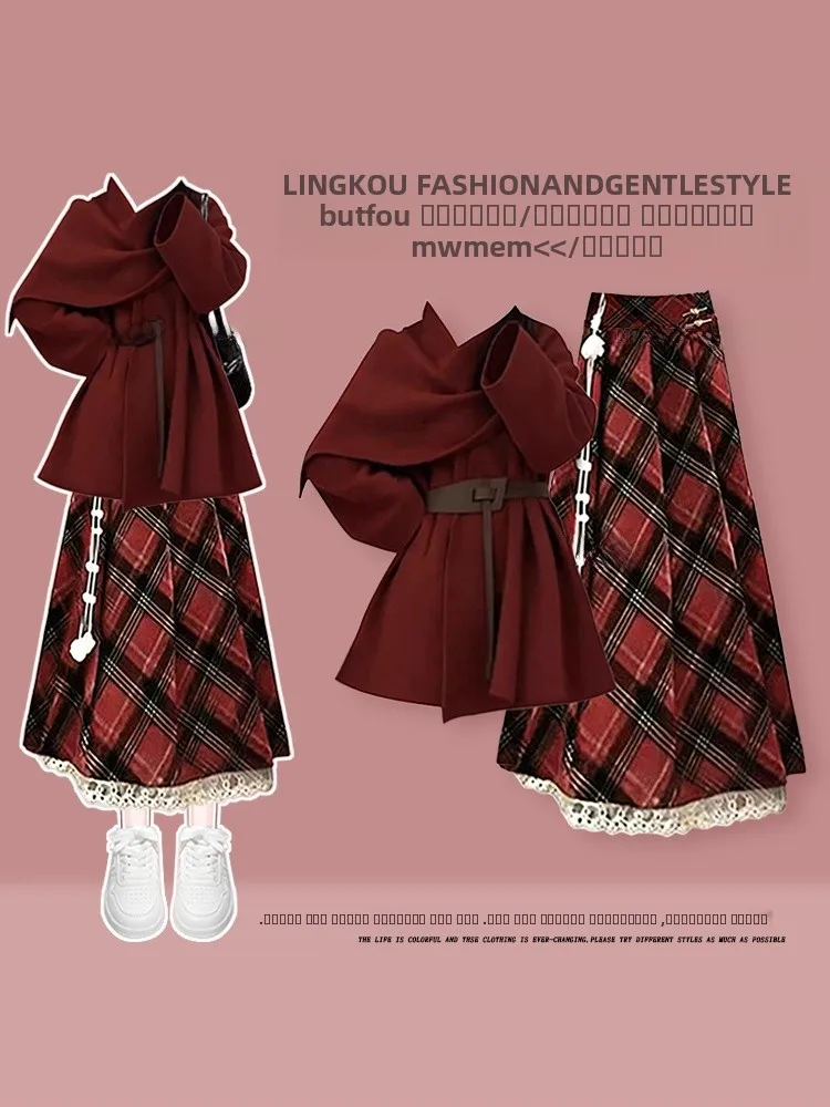 

Winter Autumn Plaid High Waist Skirt Set Women's Anti-Aging Personality Coat Matching Super Beautiful Two-Piece Set for New Year