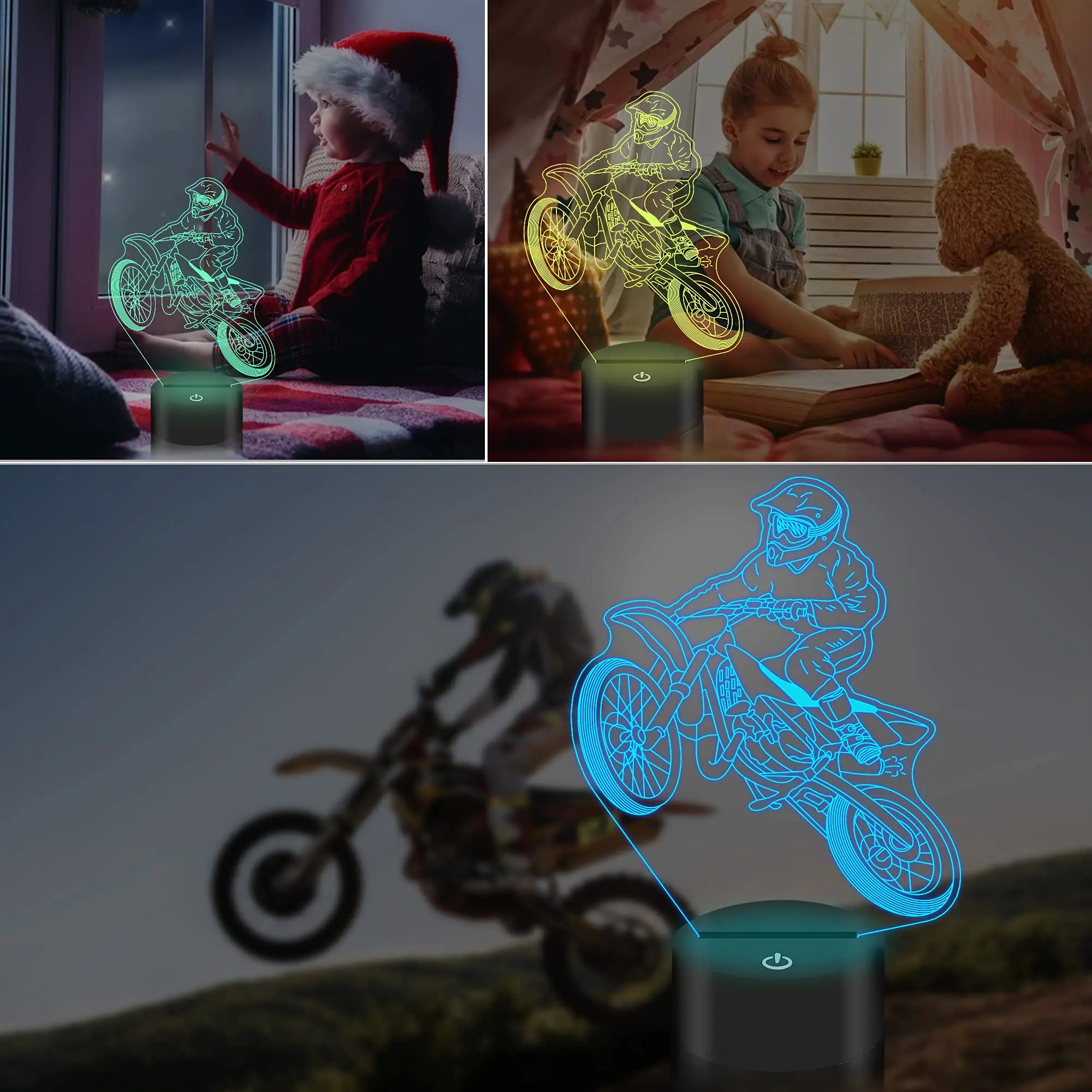 Regali per bici da cross per ragazzi, telecomando per luce notturna 3D Motocross 16 colori che cambiano lampada Illusion per fan di motociclette per ragazzi adolescenti