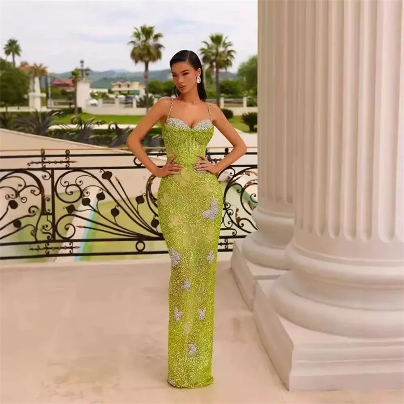 

Grass Green Sequins Women Prom Dress Butterfly Luxury Crystals Stone Sexy Sleeveless Evening Party Gown Formal Birthday Robe