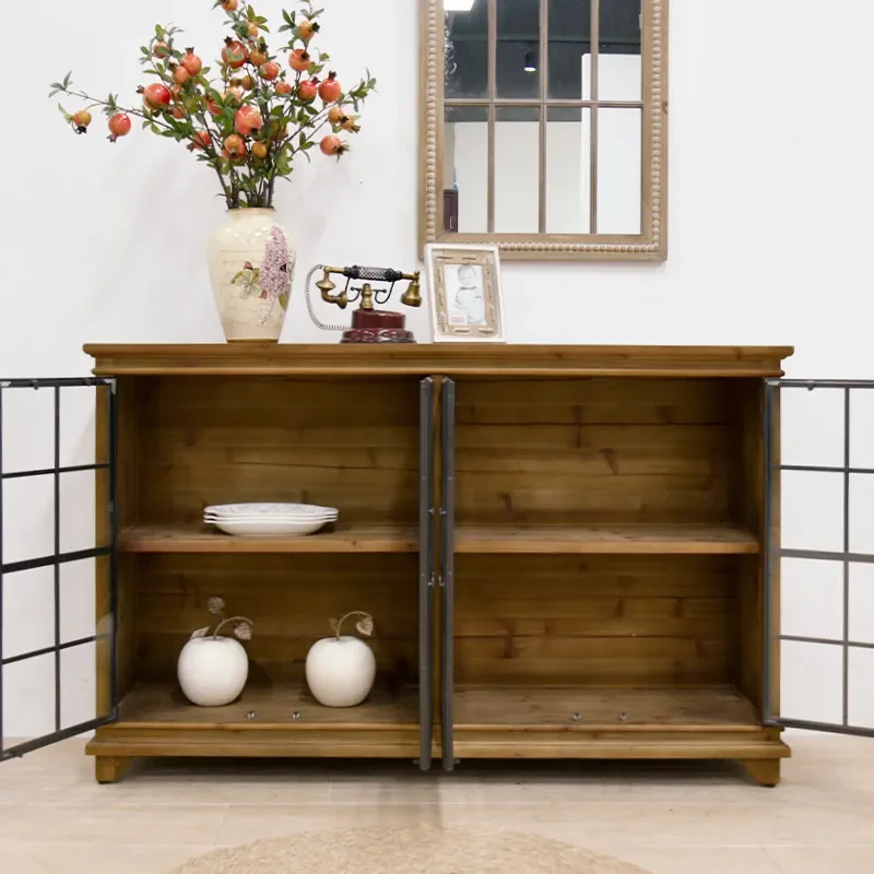 Retro solid wood dining side cabinet Household high definition glass cabinet Door display cabinet Integrated