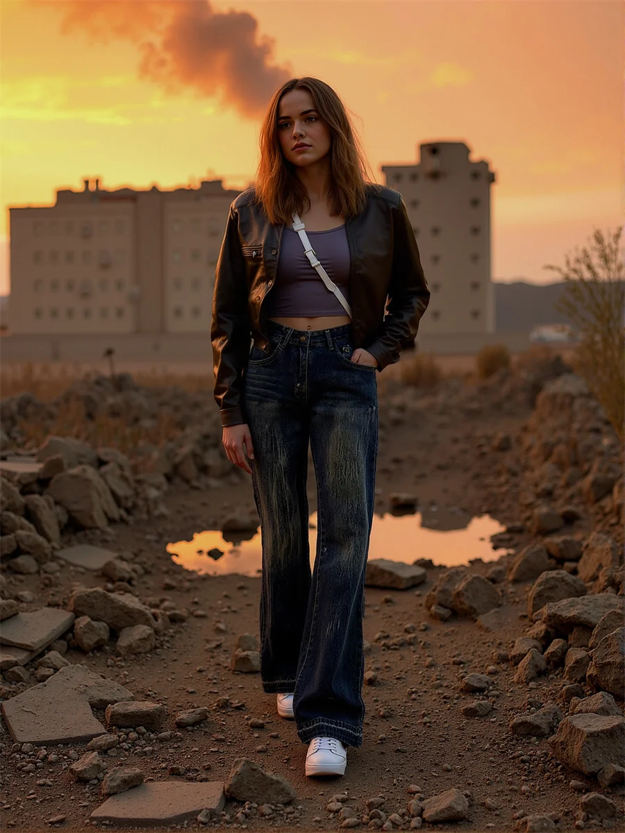 Flared Distressed Jeans Pants For Woman Denim Women Clothes Washed Loose Casual Streetwears Ins Vintage Retro Versatile Lace-Up