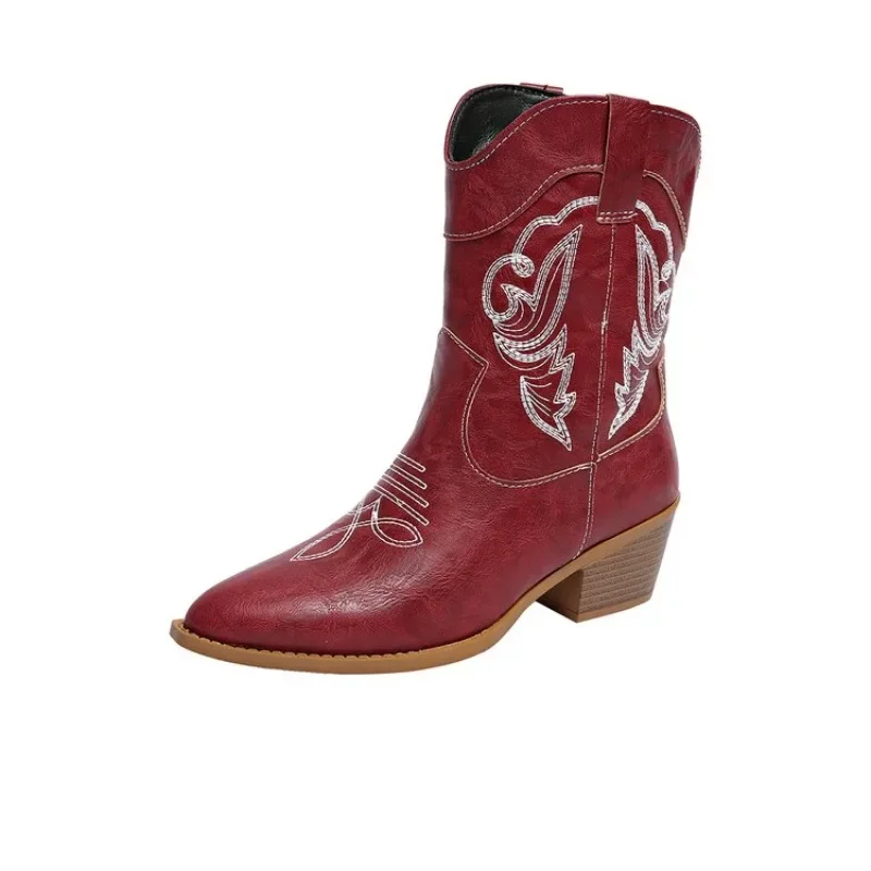 Women's Spring and Autumn New Pointed Toe Embroidered Sleeve Square Heel Mid-Tube Knight Boots Plus Size Western Short Botas