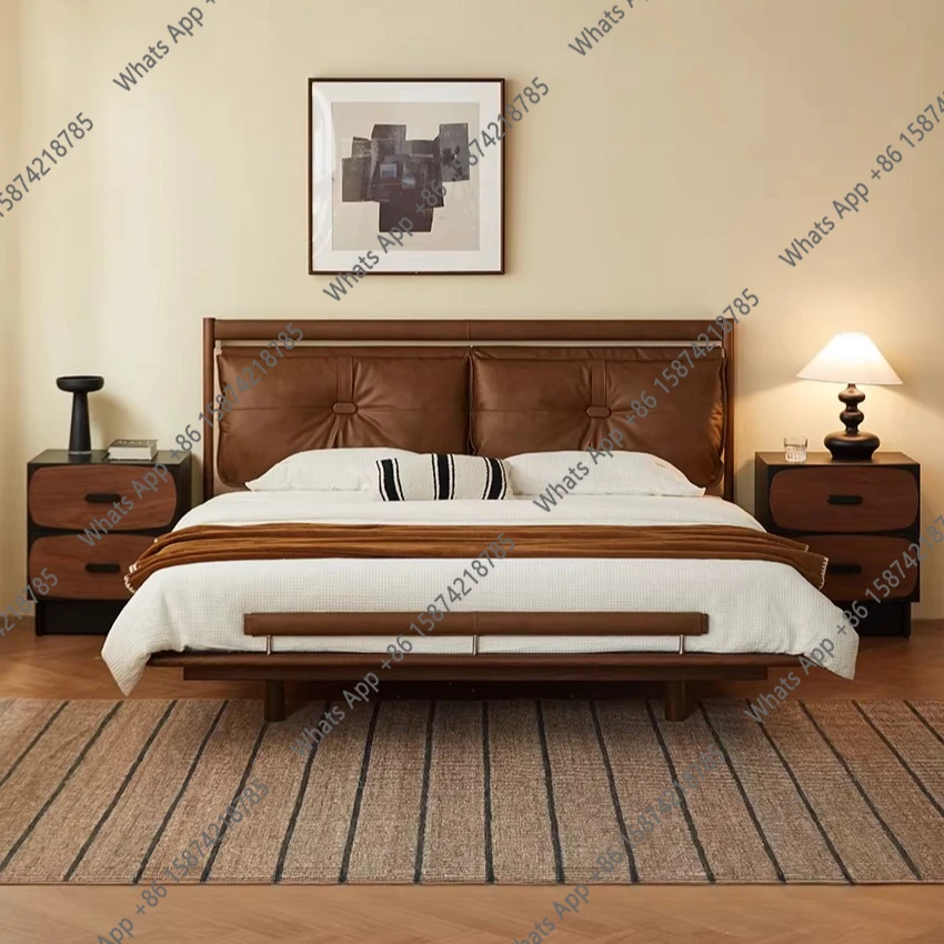 Walnut color suspension master bedroom  atmosphere first layer cowhide double soft package marriage medieval retro wind bed