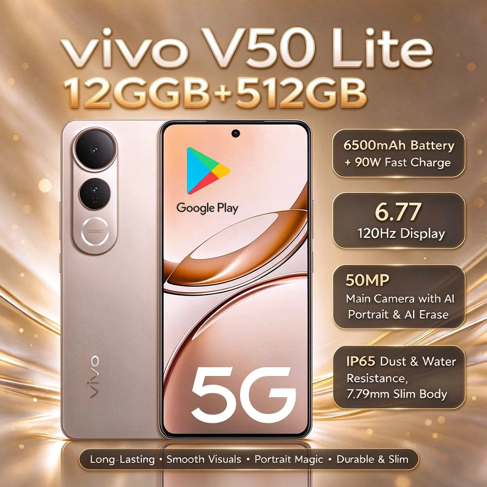 Unlocked 5G LTE Smartphone Global Version VIVO V50 Lite 12GB RAM 512GB ROM 6500mAh Battery 50MP AI Camera Dual SIM Mobile Phone