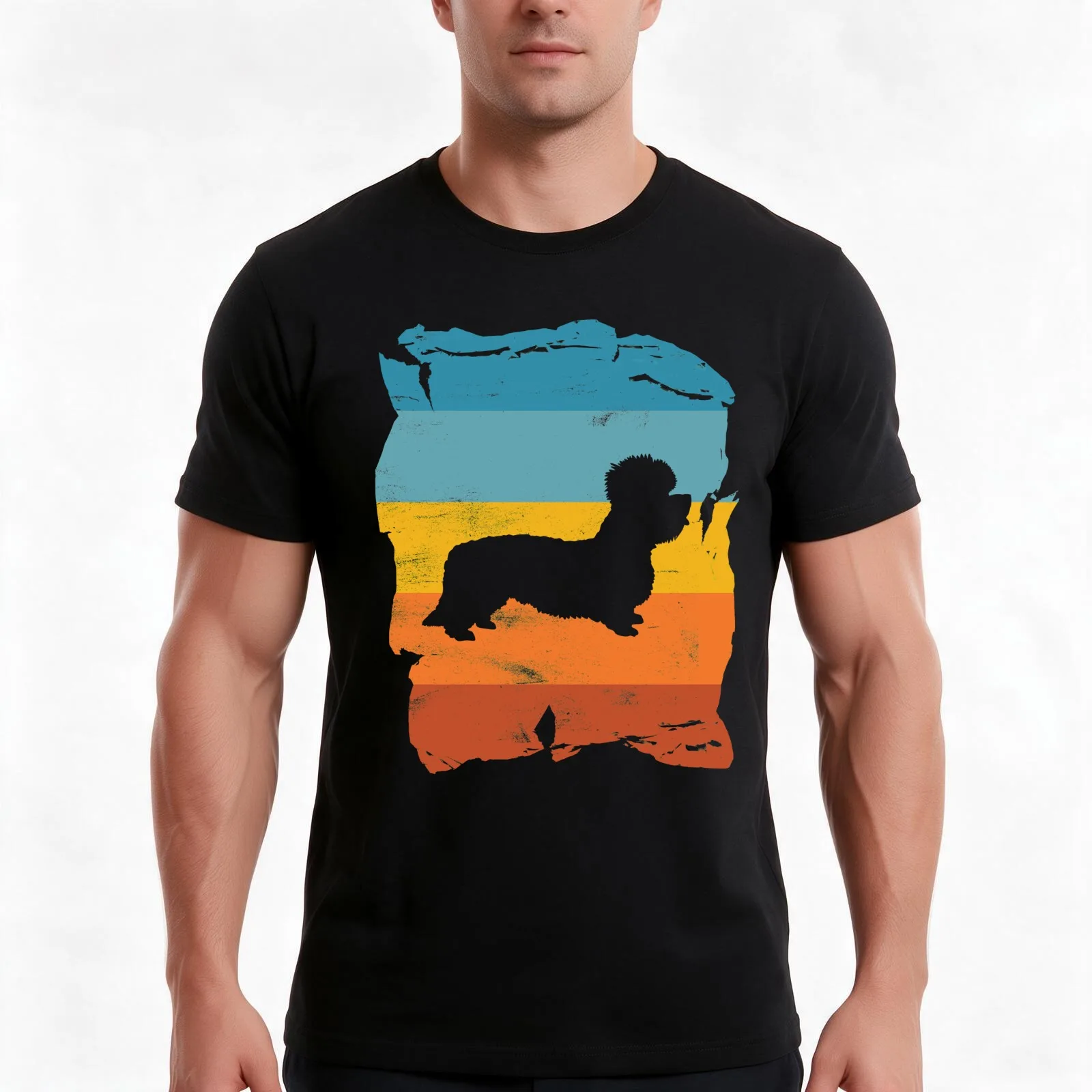 Dandie Dinmont Terrier Distressed Vintage Retro Silhouette T-Shirt, Summer Casual Cotton Tee, Oversized Streetwear Tops