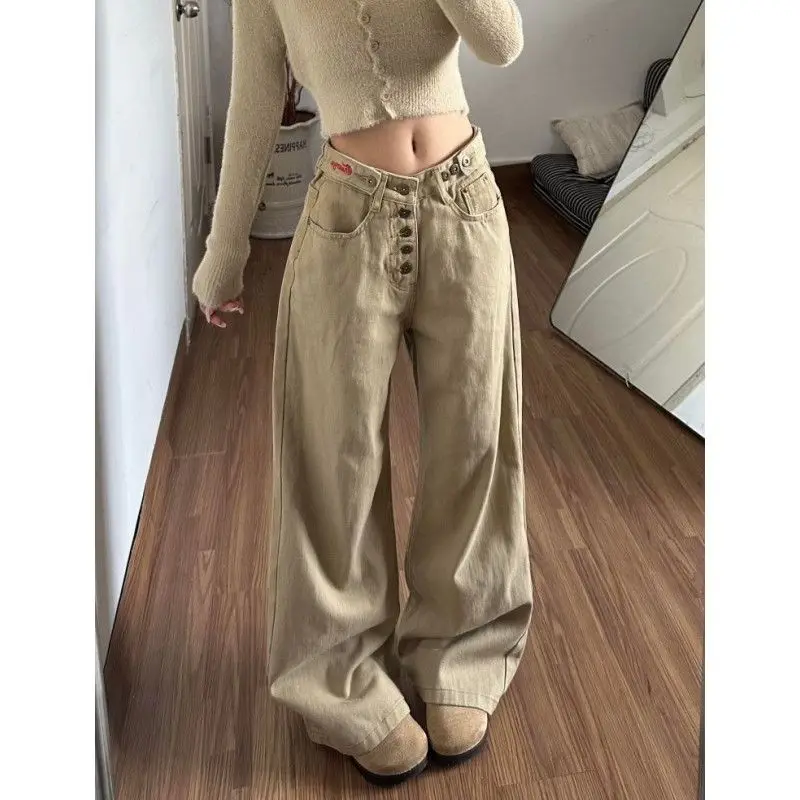 American-style Khaki Button-down Work Pants Straight-leg Autumn Winter Collection Loose Fit Slimming Effect Floor-length Fashion