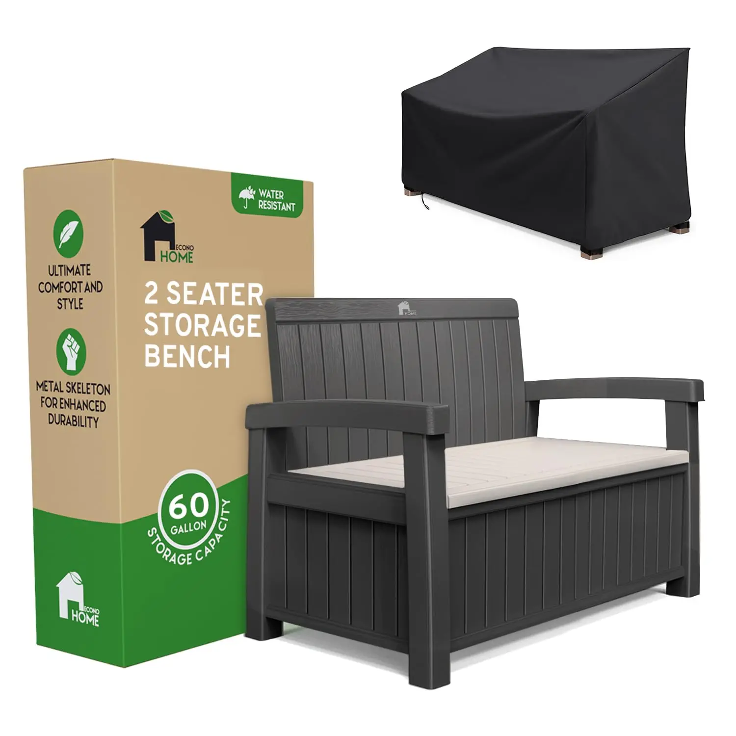 2 Seat Outdoor Storage Bench with Rain Cover - 60 Gallon Capacity - Weatherproof Resin Bench for Patio, Porch, Garden