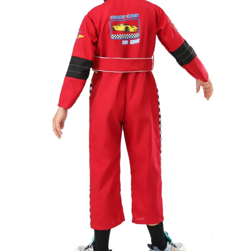 Disfraz de corredor rojo para niño, disfraz de Halloween, juego de rol, conductor de carreras, uniforme de entrenamiento de una pieza, tela para disfraz de personaje de corredor infantil