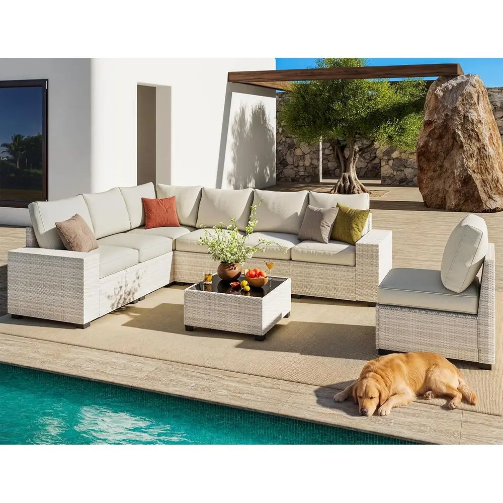 

8-Piece Outdoor Patio Sectional Set with Rattan Wicker, Waterproof Cushions, Beige