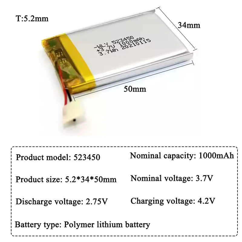 523450 1000mAh 3.7V batterie Rechargeable au Lithium polymère pour lumières LED Dash Cam Instrument de beauté GPS MP4 MP5 Batteries Li-ion