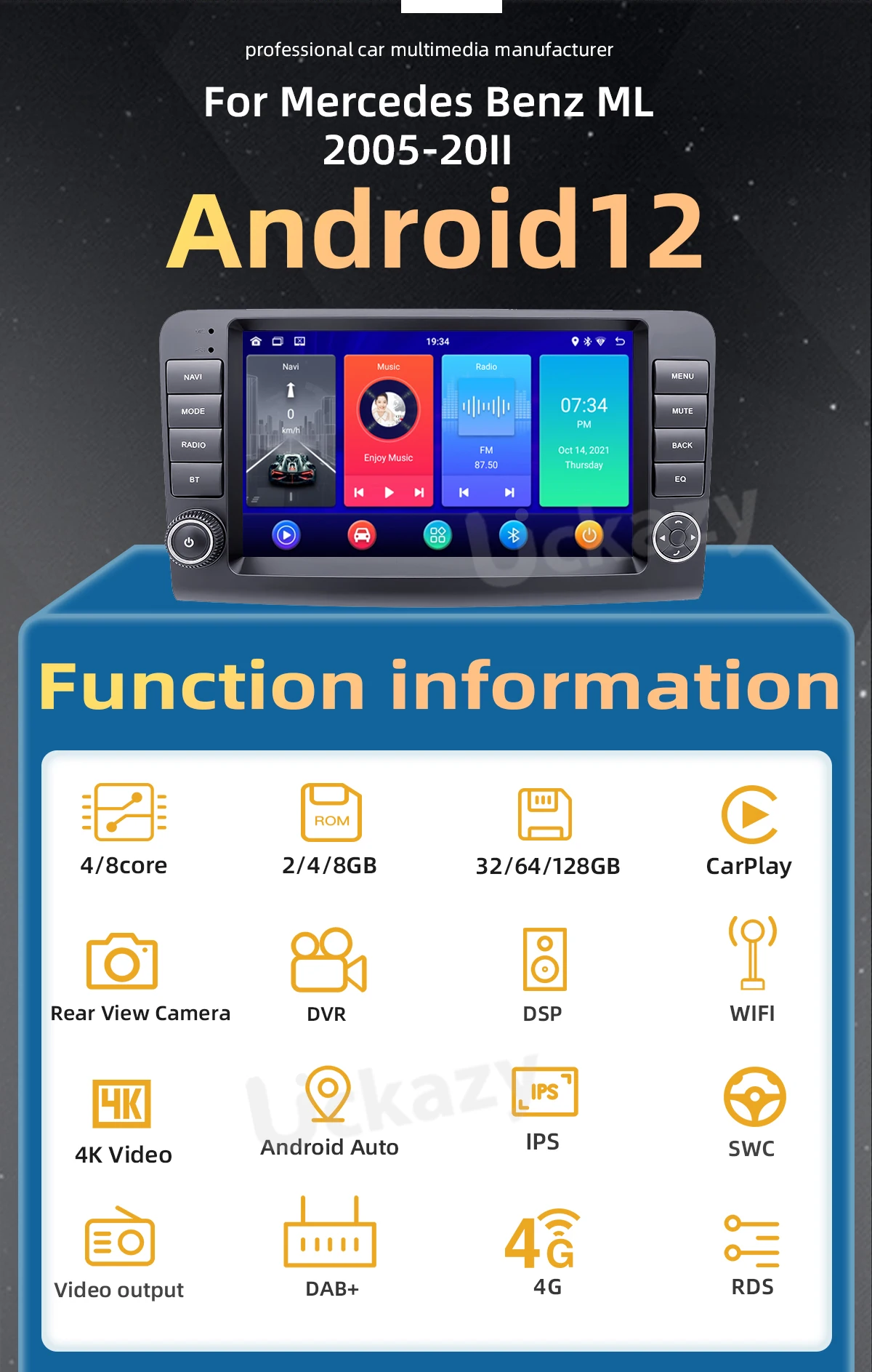 AutoRadio 2Din Android 12 For Mercedes Benz M CLASS ML W164 X164 ML350 ML300 GL500 ML320 ML280 GL350 GL450 Multimedia GPS Stereo