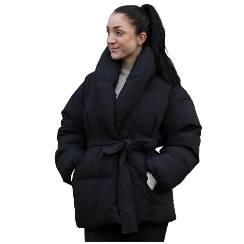 Winter Jacket Women Black Bubble Coat V Neck Wrap Belted Fashion Puffer Parka Invisible Pockets 2024 New Hot Sales