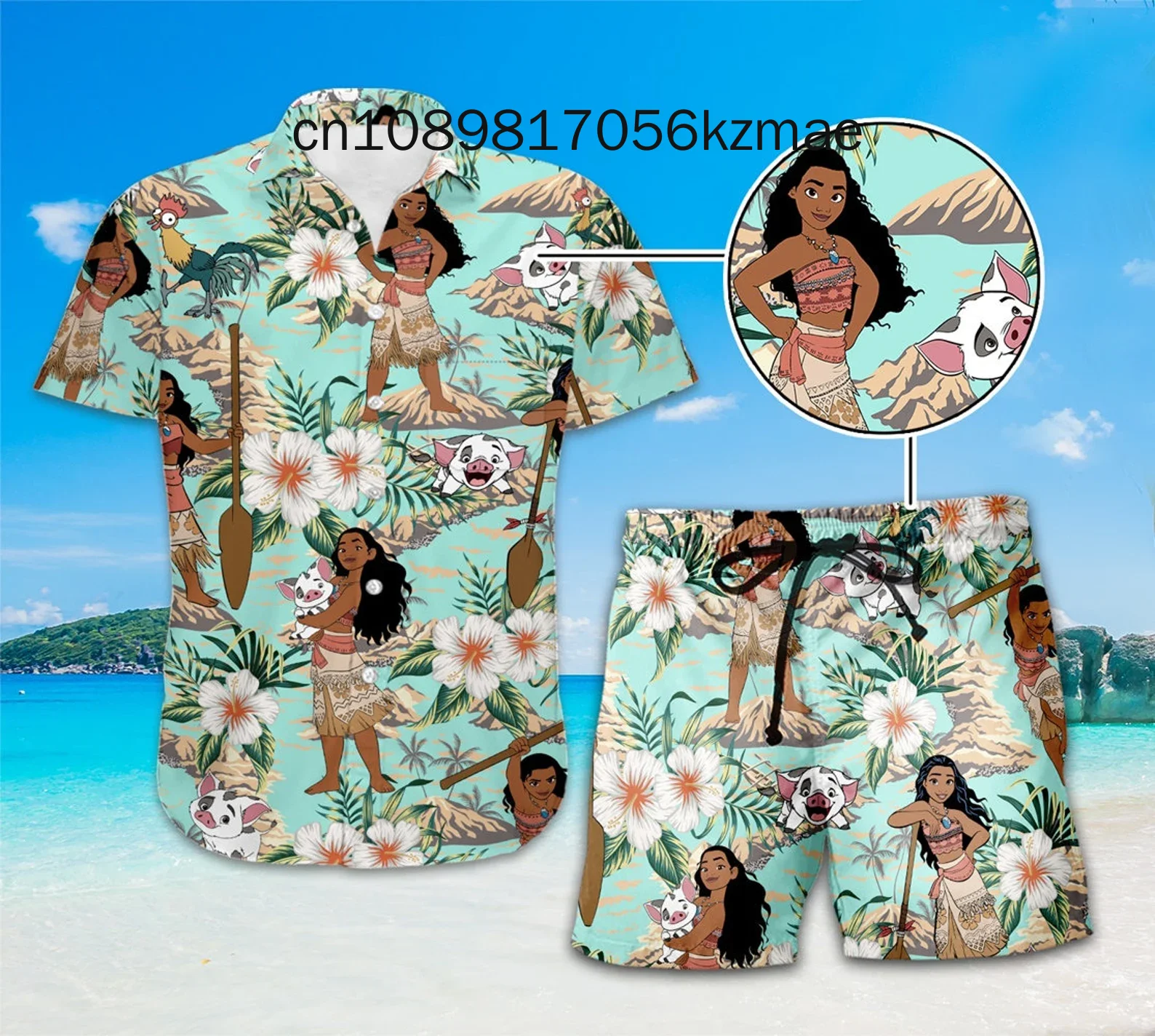 

Disney Moana Princess Hawaiian Shirt Shorts Set Casual Beach Vacation Short Sleeve Set Disney Beach Shorts Retro Button Shirt