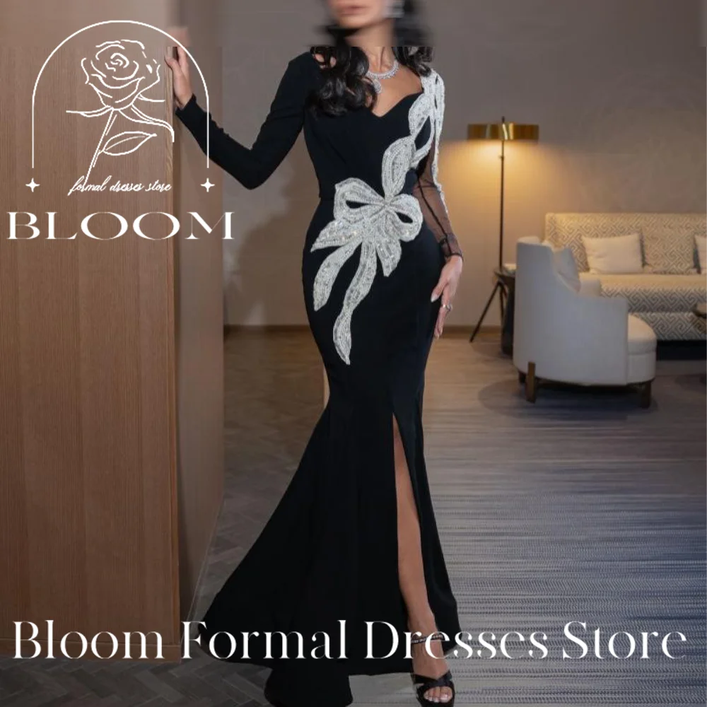 Bloom Customized Long Sleeves Contrast Color  Mermaid Sweep Train Side Silt Sequined V Neck Zipper Back Classic Celebrity Dress