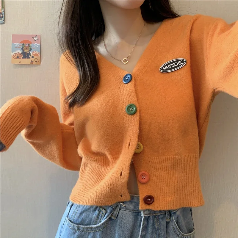 Sweet Cute Cropped Cardigan Women Single Breasted V-neck Long-sleeved Knitted Jacket New Candy Color Sweater Cardigans